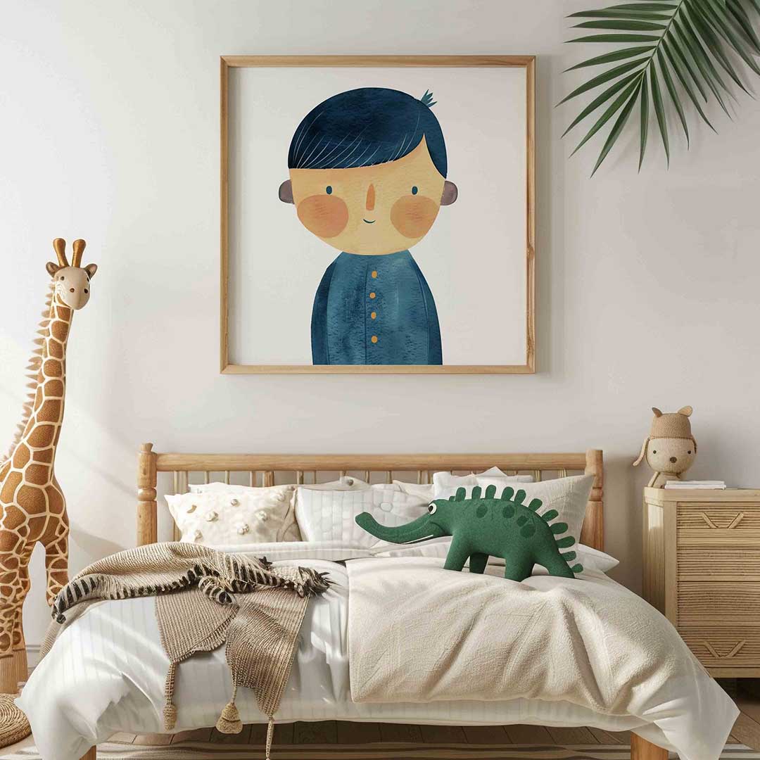 Jongen met blauwe jas – vierkante kinderkamer wanddecoratie van WallArtistic