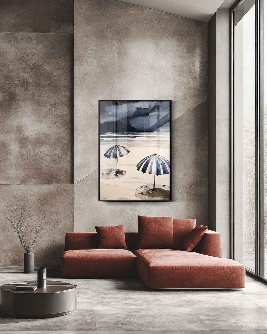 Strandparaplu's in Windstorm – staande wandkunst voor woonkamer of interieur