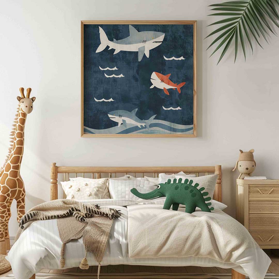 Haaien en golven – vierkante kinderkamer wanddecoratie van WallArtistic