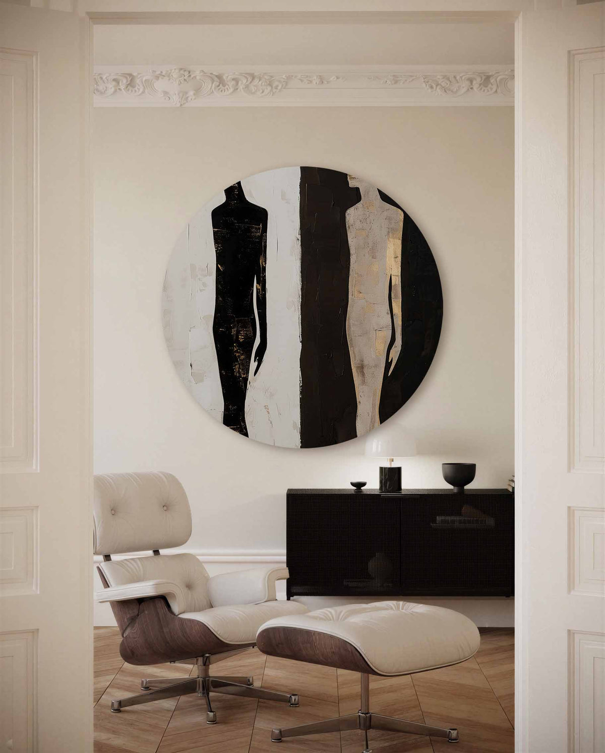 Silhouetten in contrast – moderne abstracte muurcirkel voor aan de muur