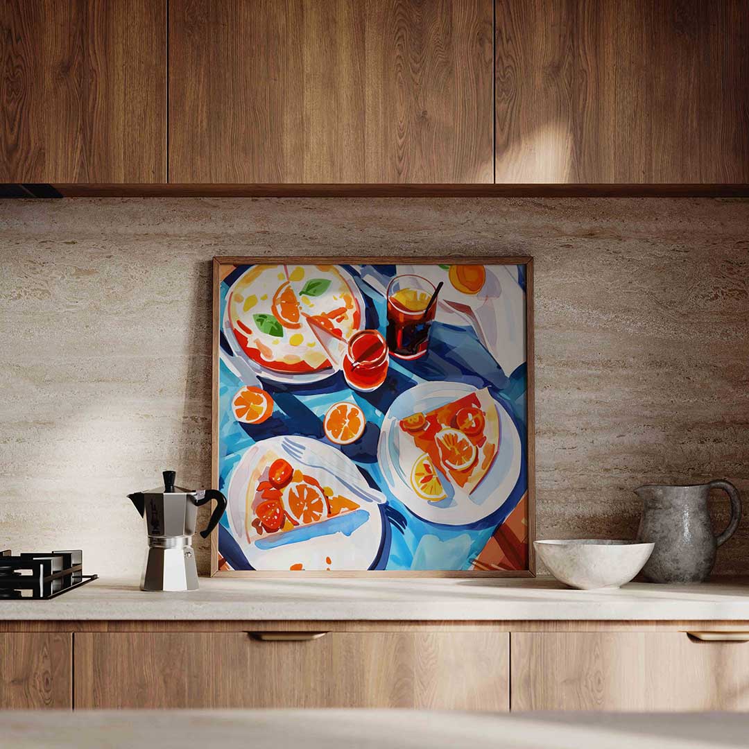 Pizza en citrus – culinaire wandkunst als vierkante poster