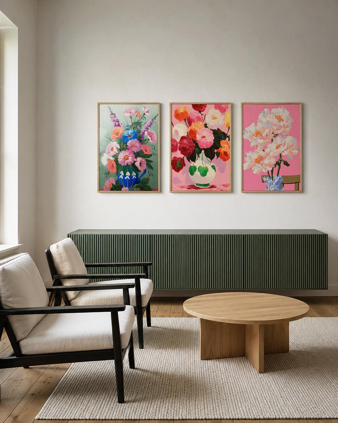 Bloemenpracht in vaas posterset – tweede productweergave – een levendige bloemencompositie met roze, blauwe en paarse