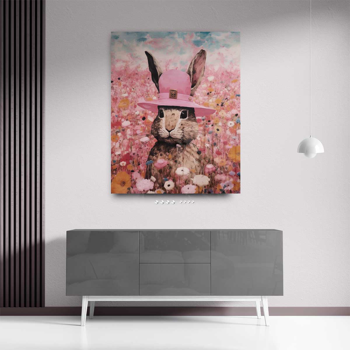 Konijn in Bloemenparadijs – plexiglas kunstwerk als wanddecoratie