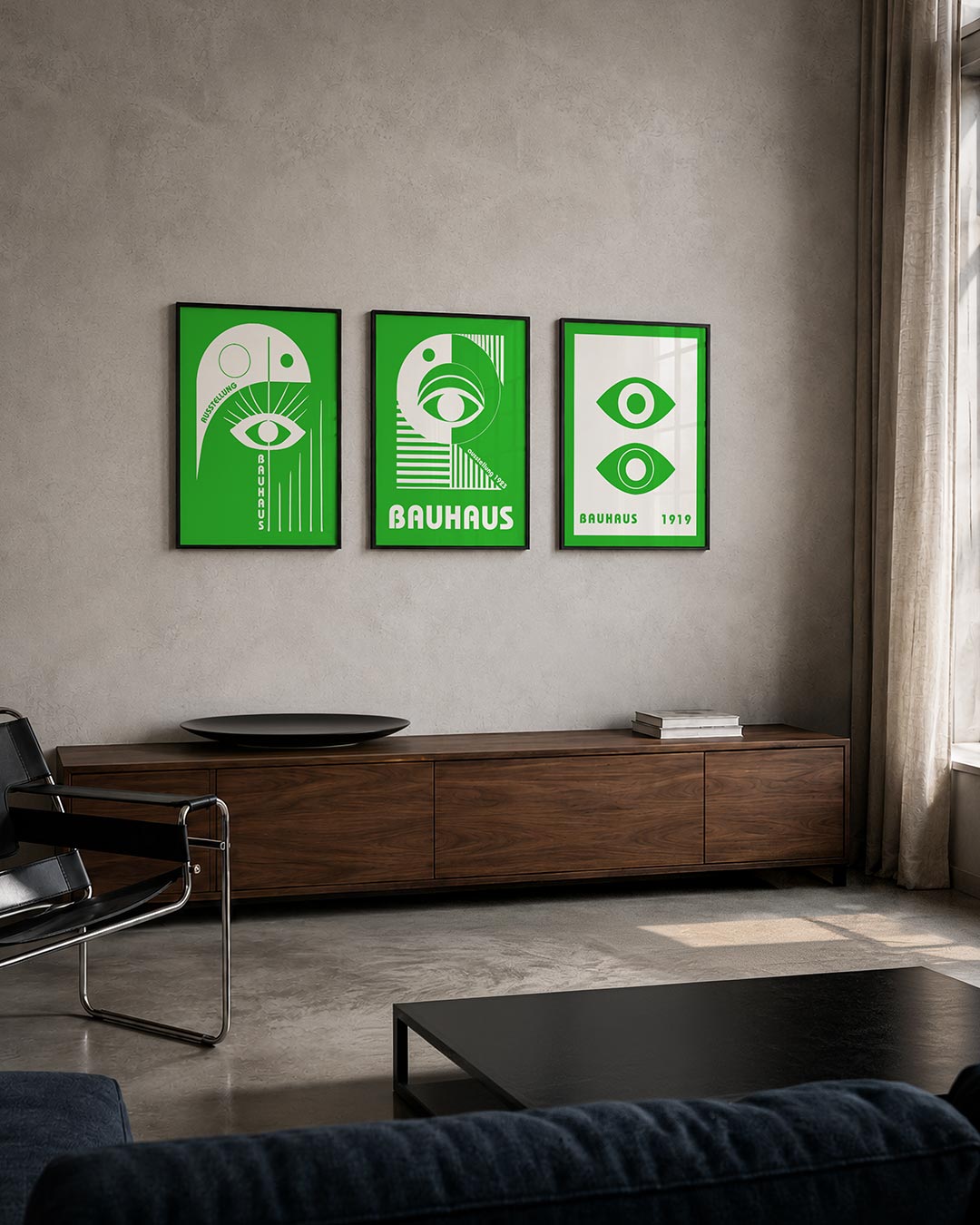 Oog en lijnen driedelige posterset – deze posterset in drie delen toont een wit oog met stralen op een groene achtergrond.