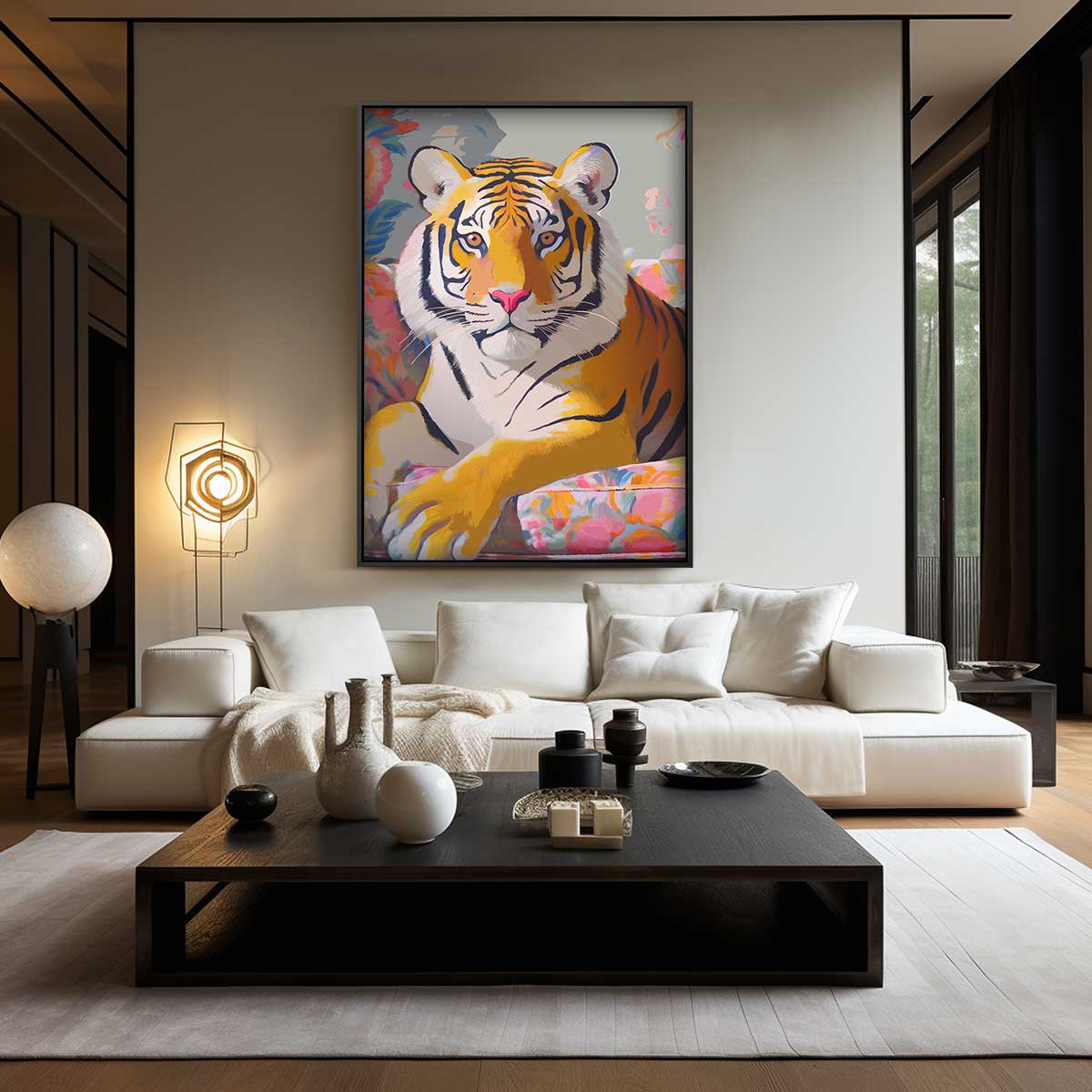 Tropische Tijger in Bloemenpracht – kunstwerk met zwarte baklijst