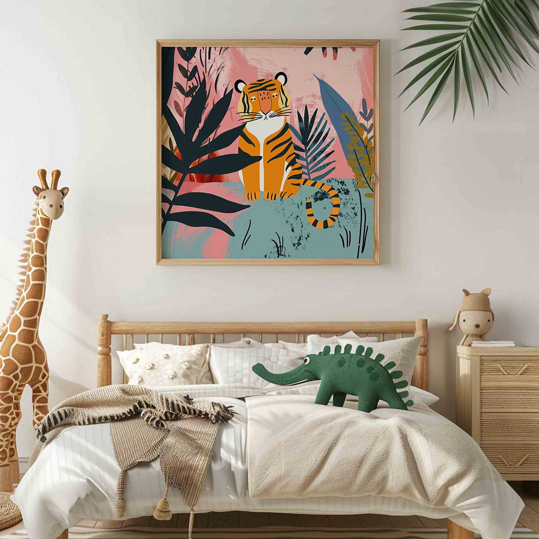 Tijger in jungle – vierkante kinderkamer wanddecoratie van WallArtistic