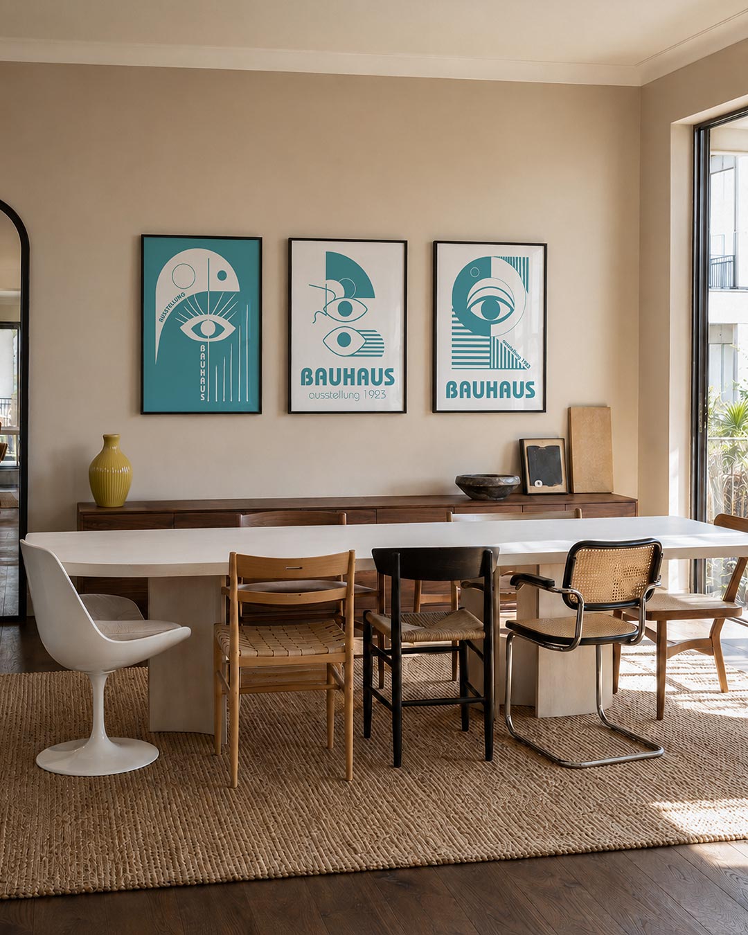 Oog en lijnen driedelige posterset – een speelse compositie met een groot oog centraal, omringd door strakke lijnen en