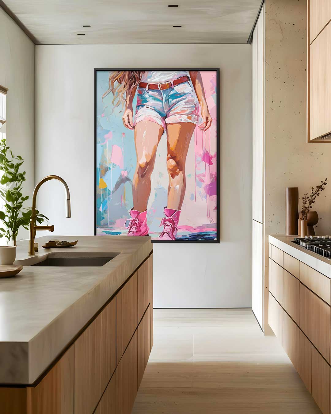 Vrouw in Roze Laarzen – kunstwerk met zwarte baklijst