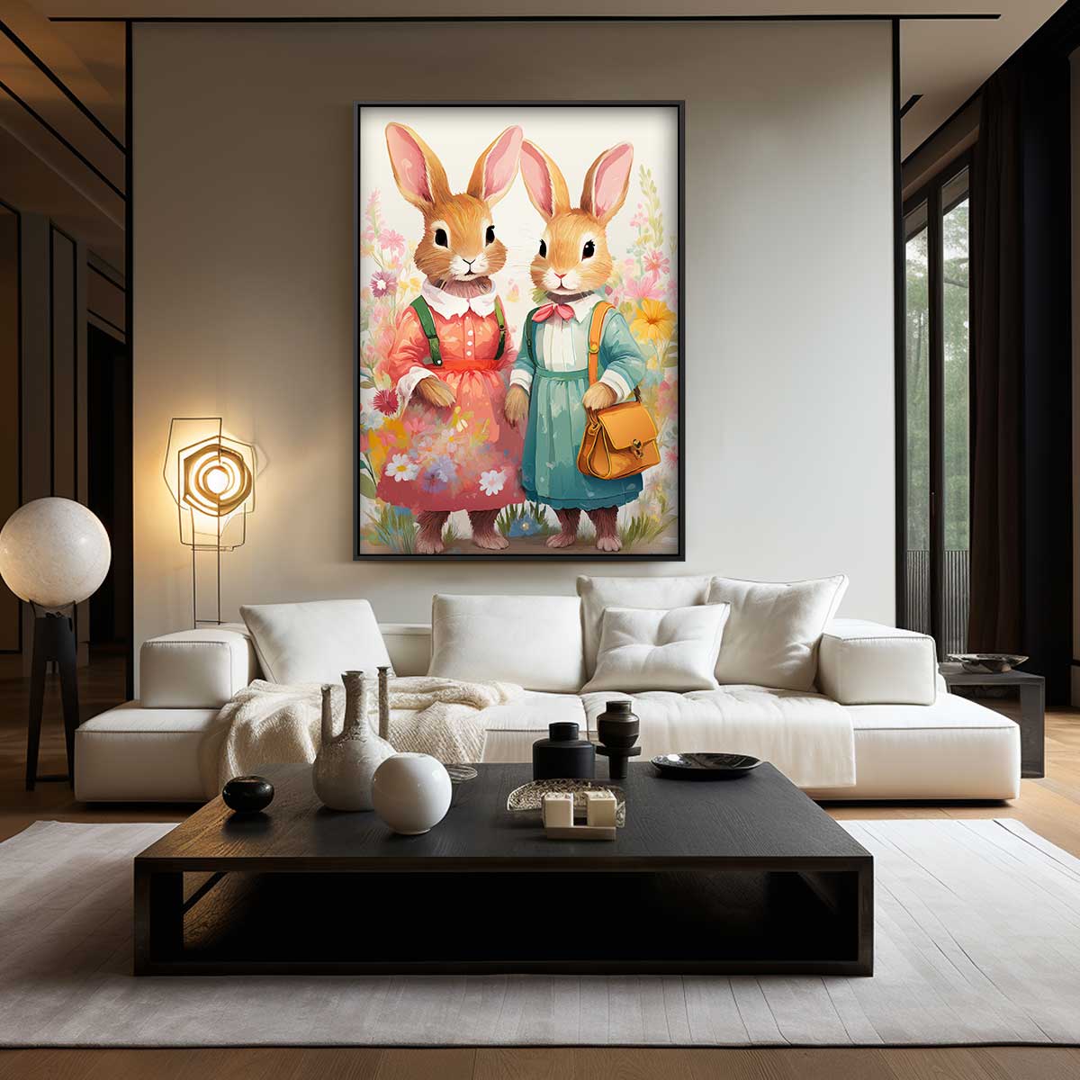 Konijnenvrienden in Bloemenweelde – kunstwerk met zwarte baklijst