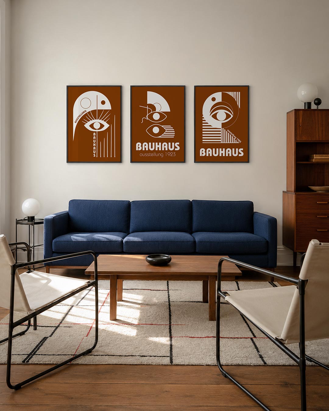 Oog en lijnen driedelige posterset – deze posterset in drie delen toont een wit oog met stralen op een bruine achtergrond.