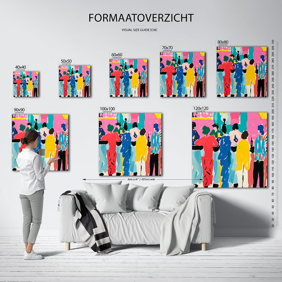 Kleurrijke figuren kunstwerk – sfeerbeeld – dit werk toont een levendige groep silhouetten in een dynamische compositie van