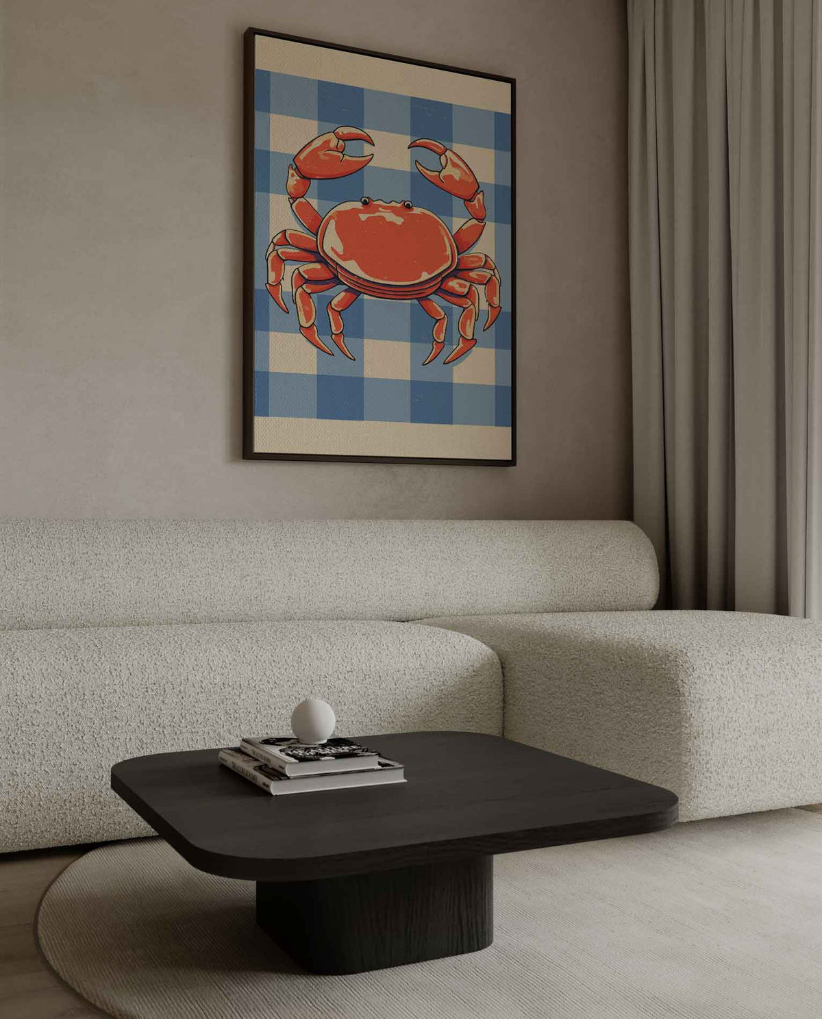 Vrolijke Krab op Blauw-Wit Patroon – canvas wanddecoratie in portret formaat