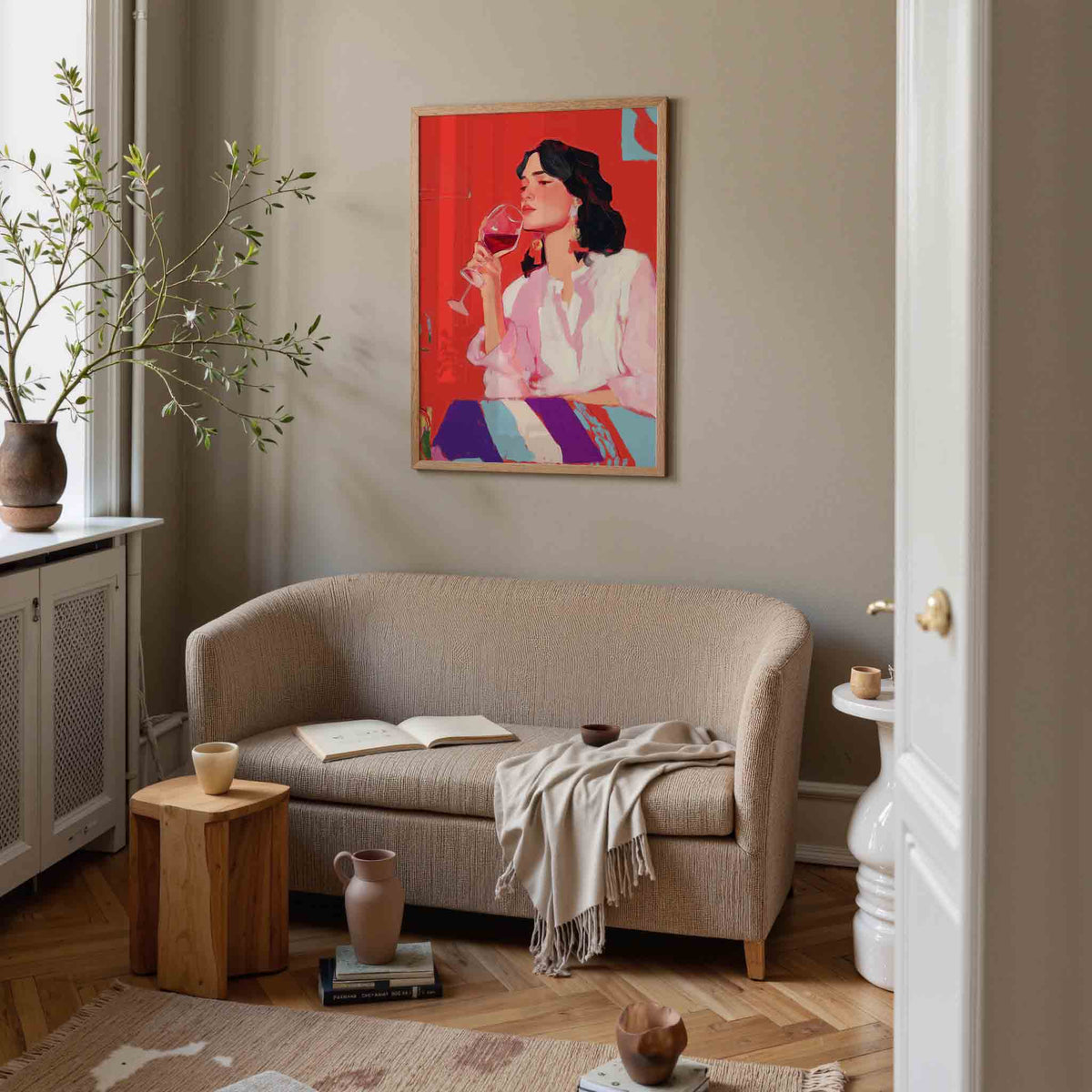 Vrouw met wijnglas – illustratie poster in staand formaat