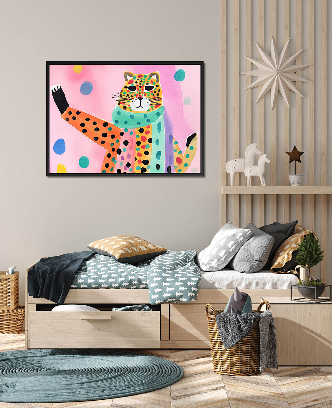Vrolijke luipaard illustratie – Kleurrijke – wanddecoratie in interieur