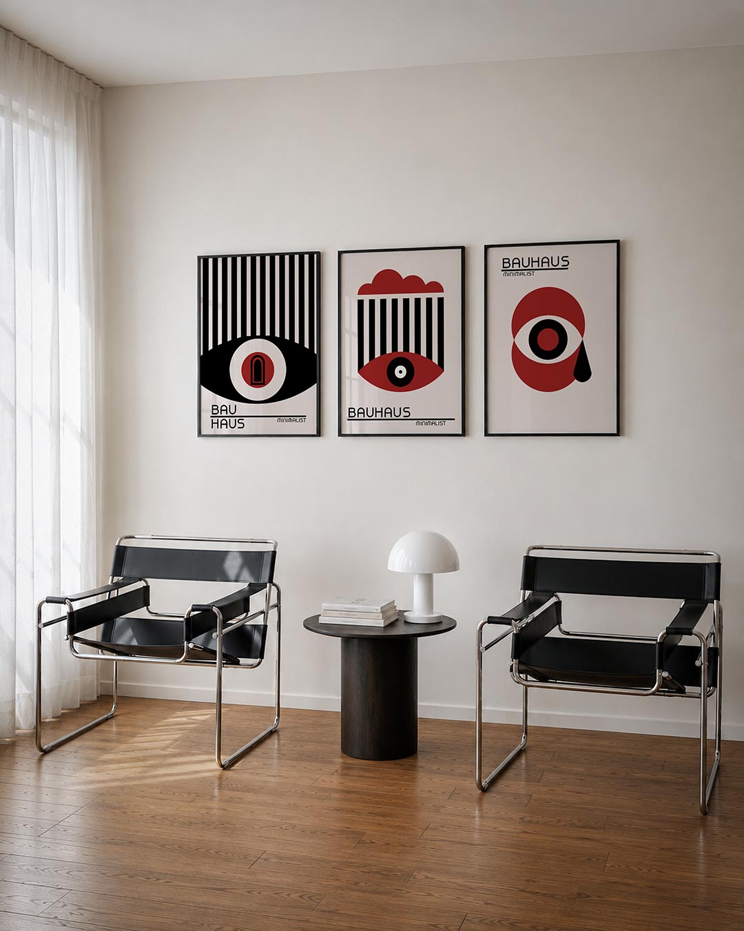Lijnen en cirkel driedelige posterset – deze posterset in drie delen toont een spel van verticale zwarte lijnen boven een