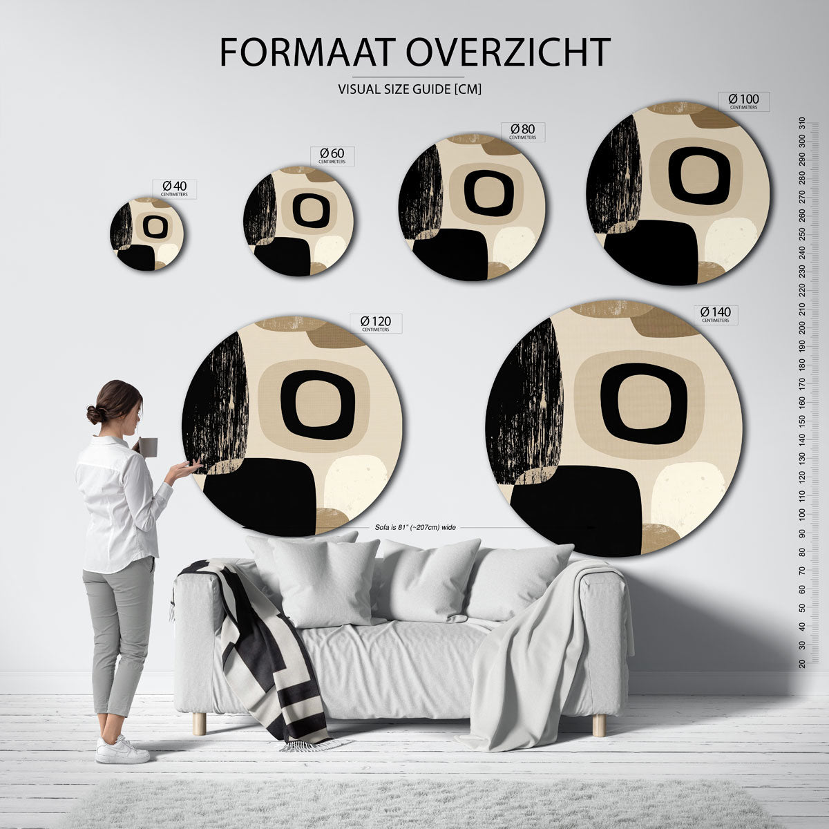 Abstracte vormen – ronde muurdecoratie met vrouwelijk portret
