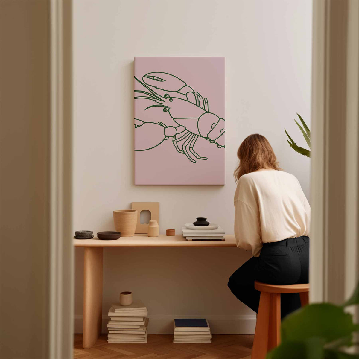 Minimalistische Kreeftenlijntekening – kunstwerk met zwarte baklijst