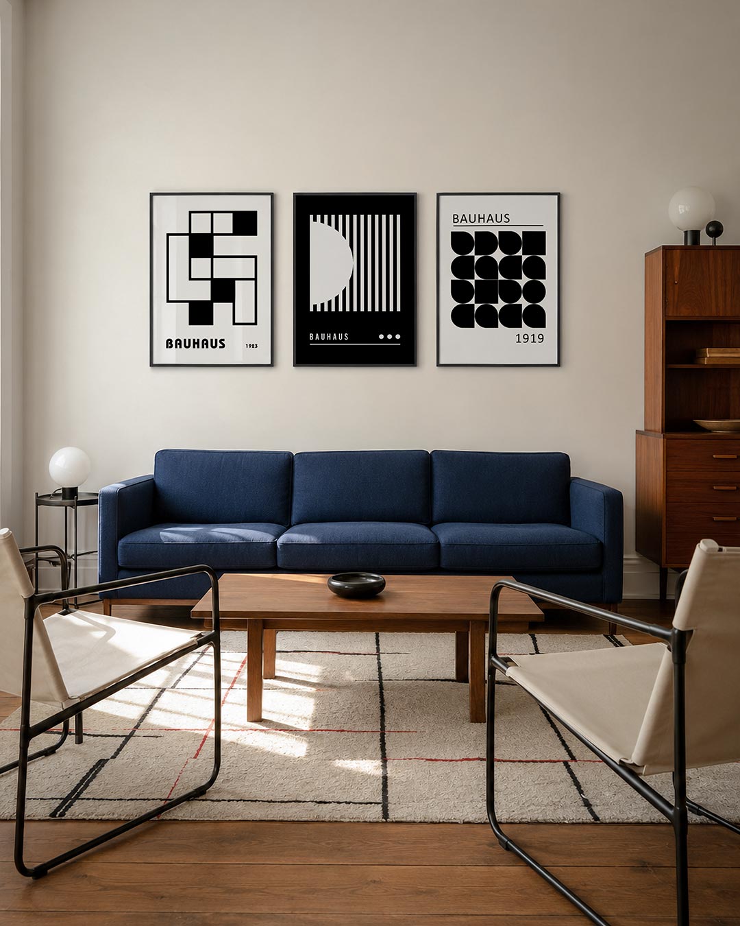 Vormen en vlakken driedelige posterset – zwart-witte rechthoeken en vierkanten vormen een strak lijnenspel. De compositie