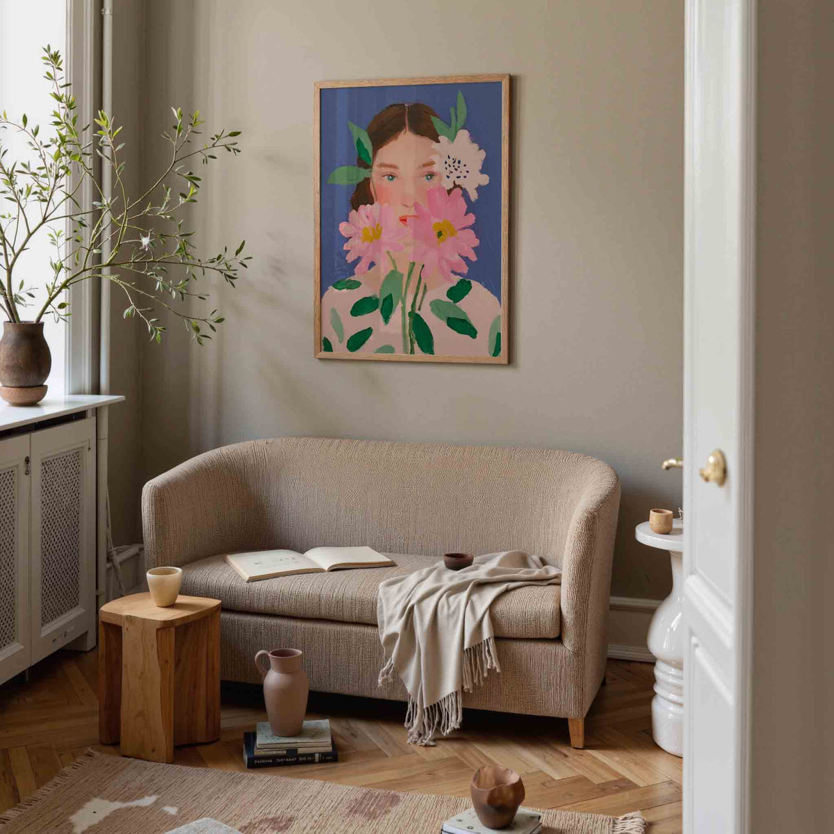 Bloemen en gezicht – pastel poster in staand formaat