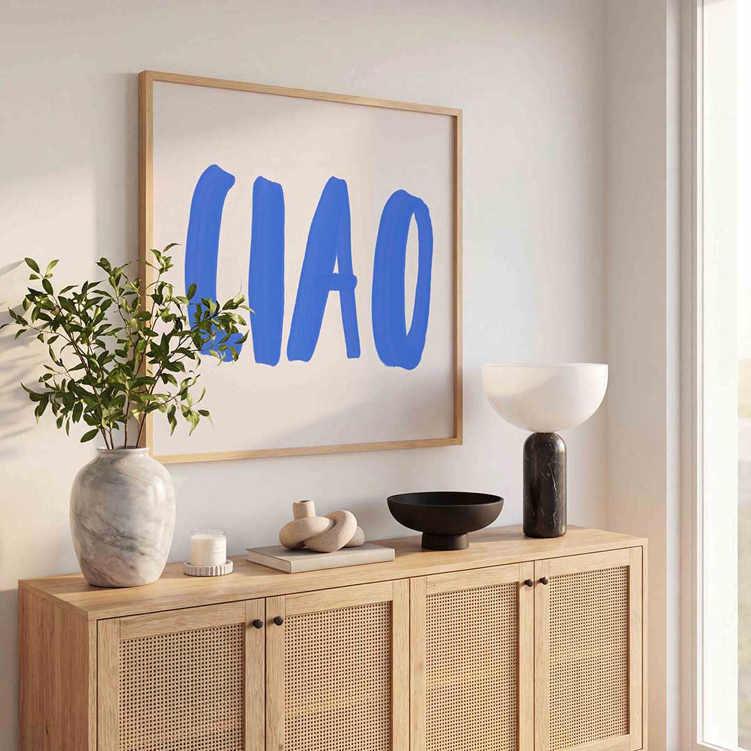 Ciao blauwe tekst – kleurrijke poster in vierkant formaat