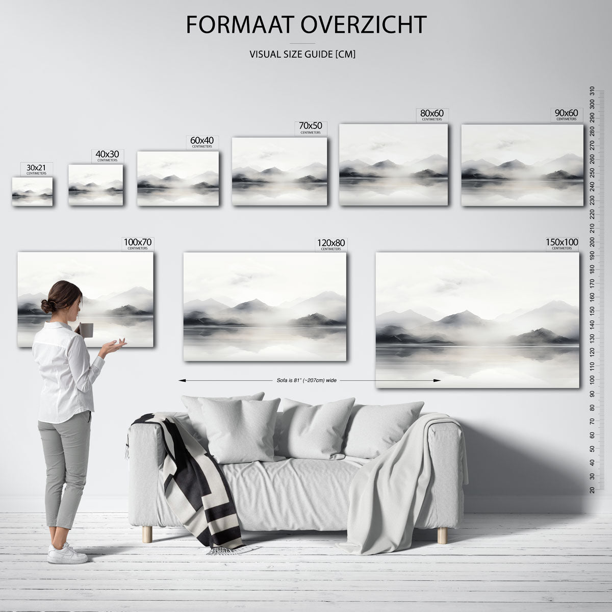 Mistige bergen – liggende muurposter met abstracte vormen
