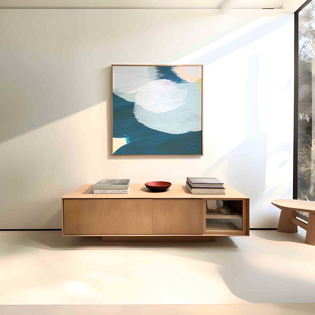 Abstracte blauwe en witte vormen – vierkante schilderkunst wanddecoratie van WallArtistic