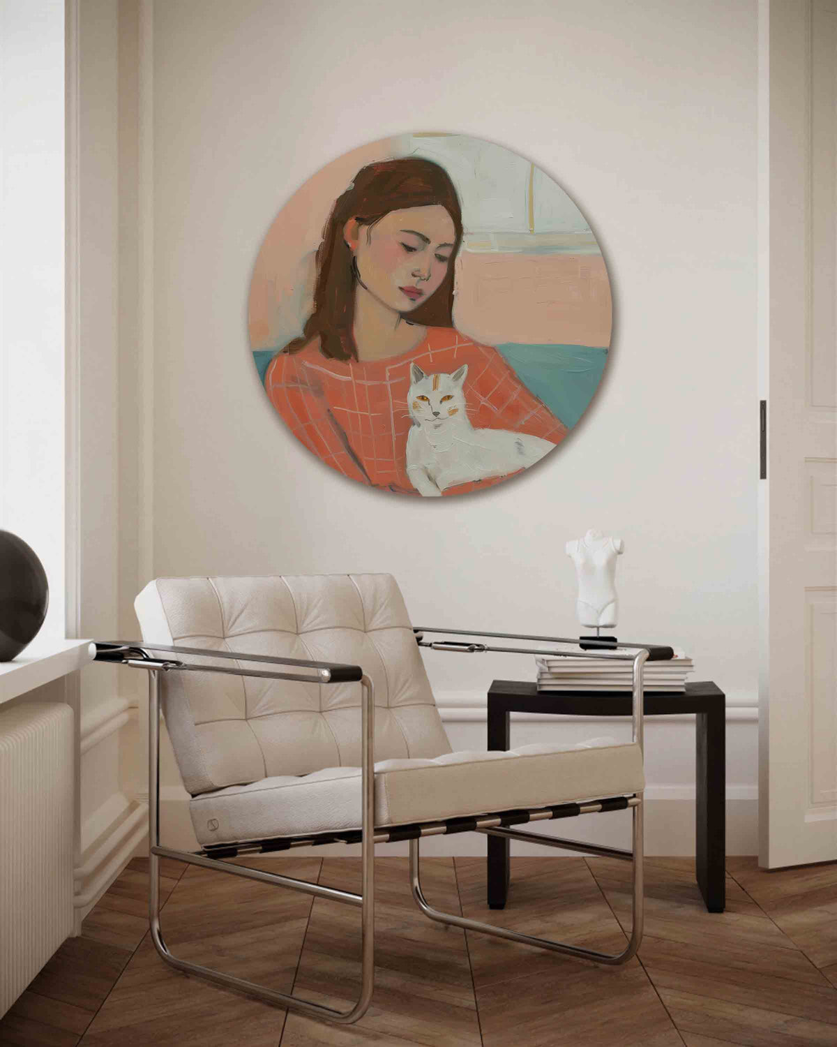 Vrouw met kat – kleurrijke muurcirkel als ronde wanddecoratie