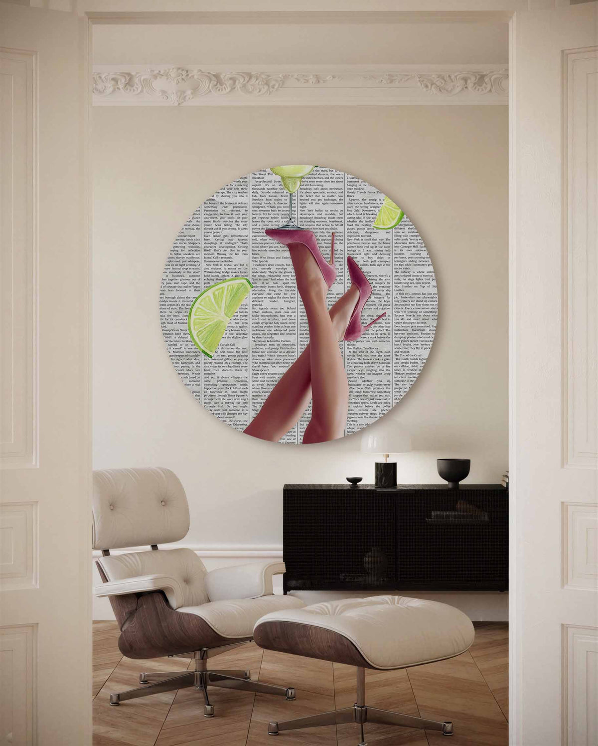 Roze hakken en limoenen – kleurrijke Pop Art muurcirkel voor aan de muur
