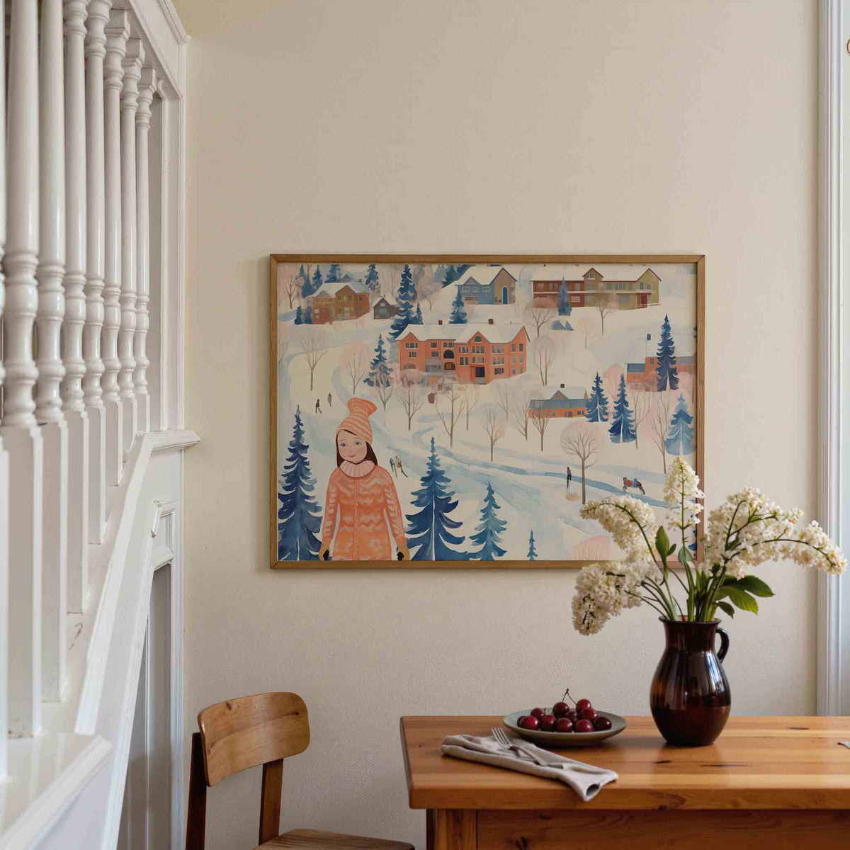 Winterlandschap met huizen – liggende illustratie poster als wanddecoratie