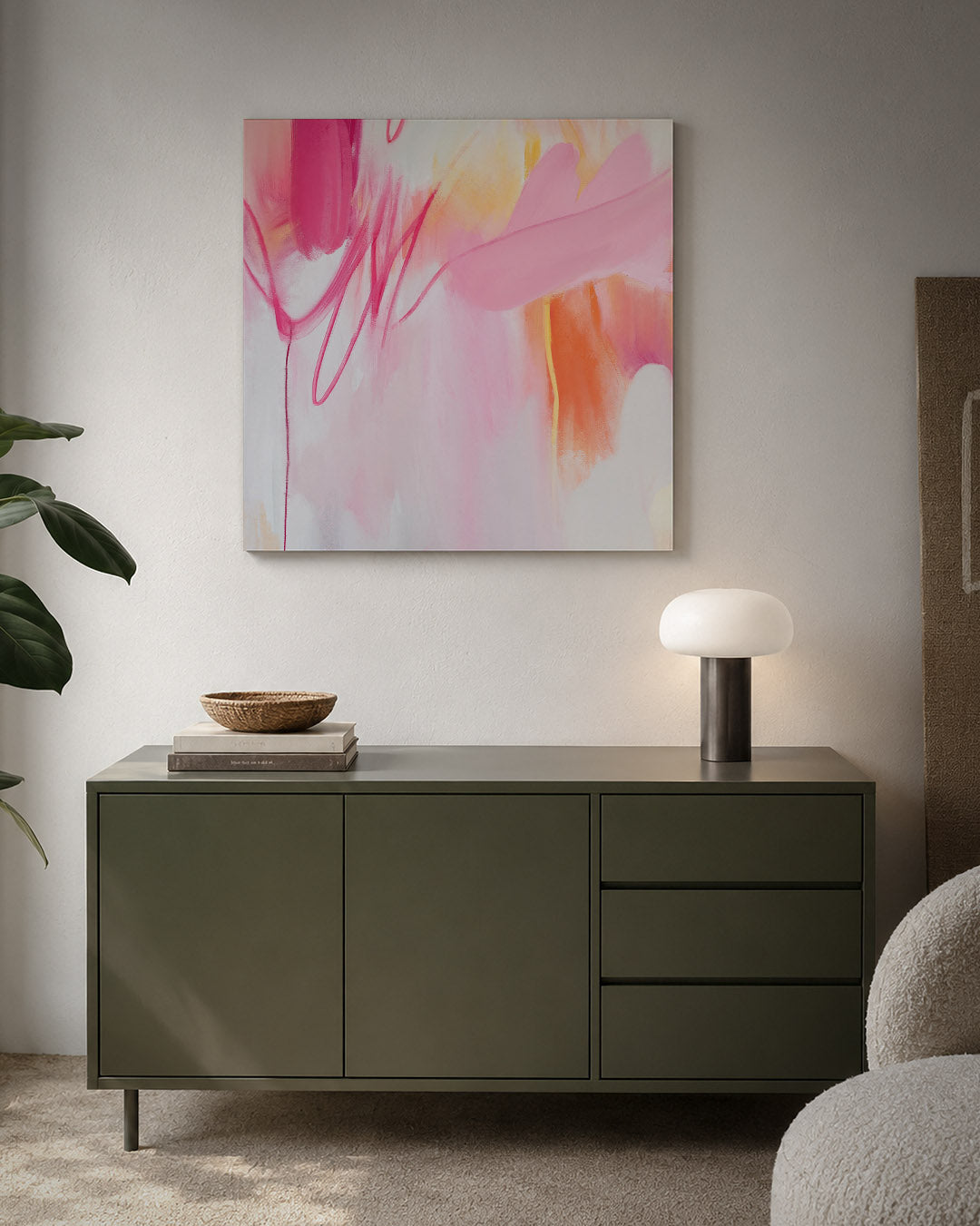 Dynamische kleurenexplosie kunstwerk – detailweergave – dit werk toont een levendige mix van roze en oranje tinten, met