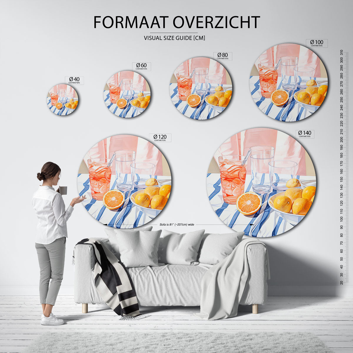 Citrus en glazen – abstracte wandkunst met textuur als muurcirkel
