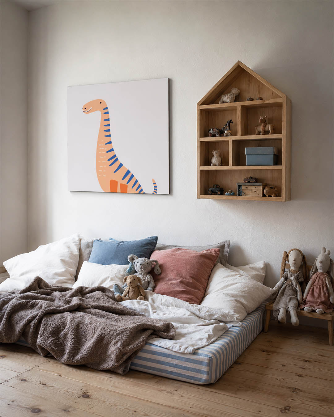 Speelse dinosaurus illustratie kunstwerk – derde productweergave – dit kunstwerk toont een vrolijke dinosaurus met blauwe