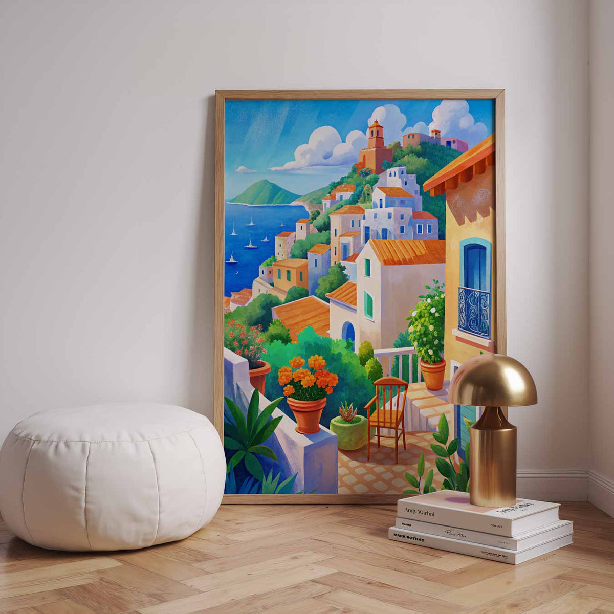 Mediterrane Dorp aan Zee – zomerse wandkunst als portret poster