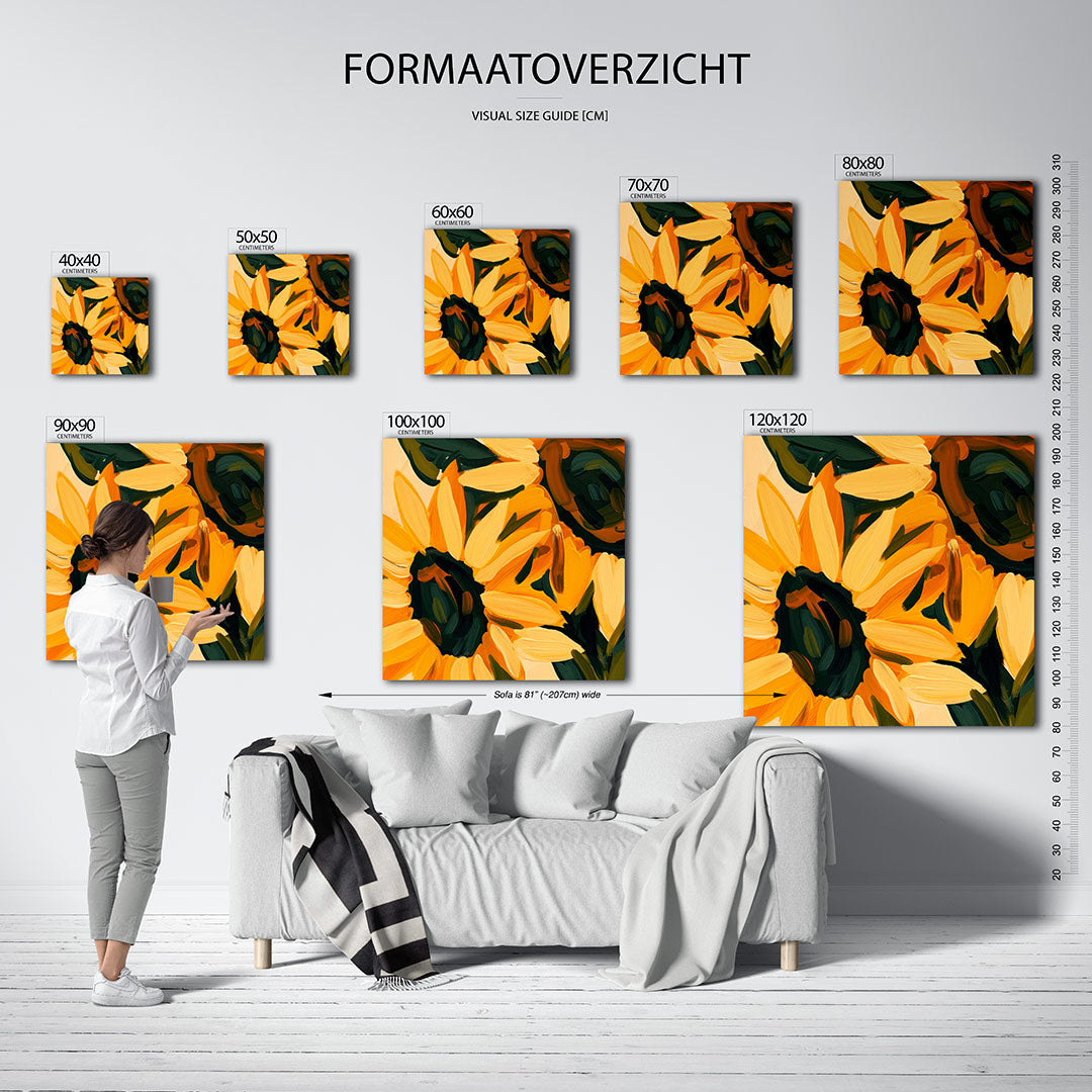 Expressieve bloemen kunstwerk – sfeerbeeld – dit werk toont grote bloemen in levendige kleuren. De penseelstreken en het
