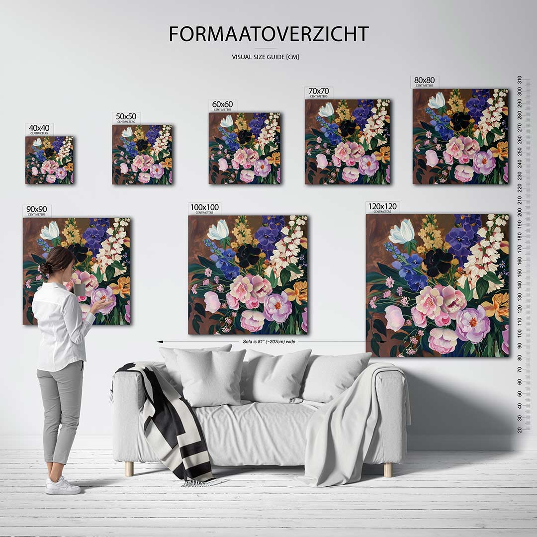 Bloemrijke compositie kunstwerk – dit werk toont een levendige verzameling bloemen in diverse kleuren en vormen. De