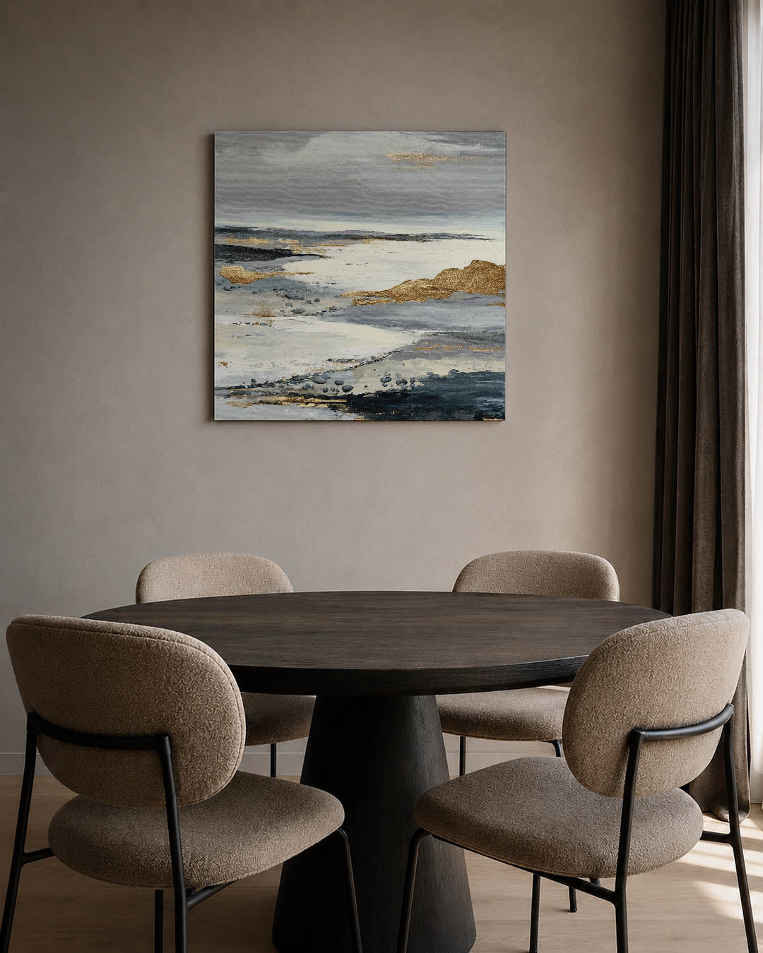 Gelaagde landschapstinten kunstwerk – tweede productweergave – dit kunstwerk toont een compositie van vloeiende lijnen en