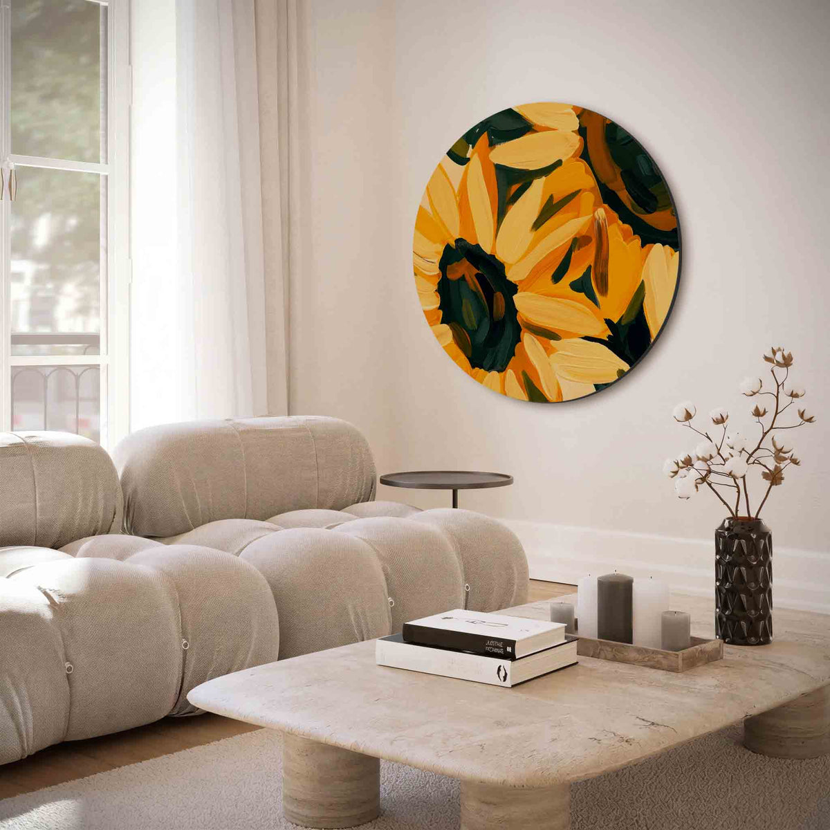 Zonnebloemen – illustratie muurcirkel als ronde muurdecoratie