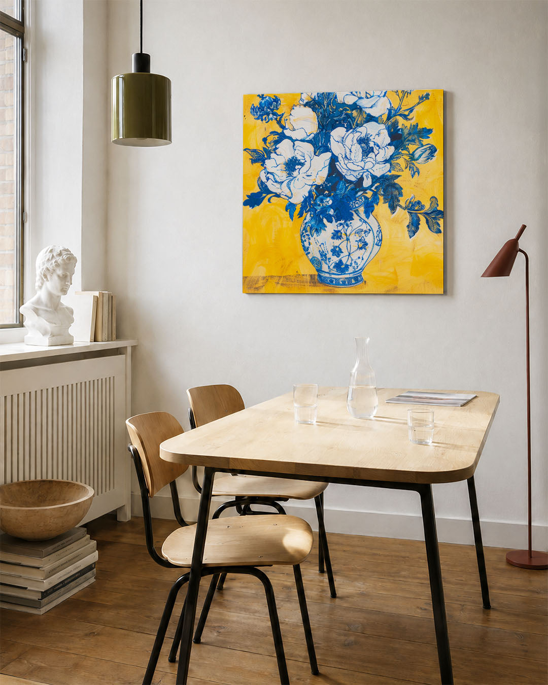 Bloemen in vaas kunstwerk – vierkante wanddecoratie – dit werk toont een vaas met bloemen in levendige kleuren. De blauwe