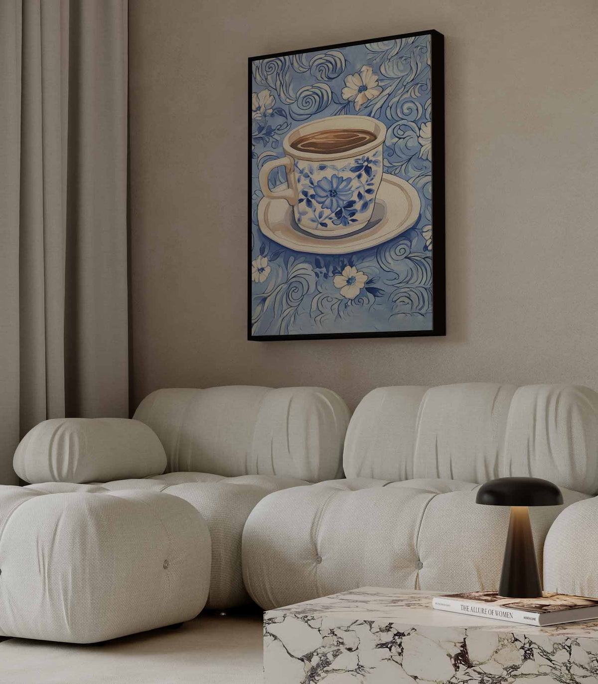 Blauwe Koffieochtend – portret wandkunst van WallArtistic
