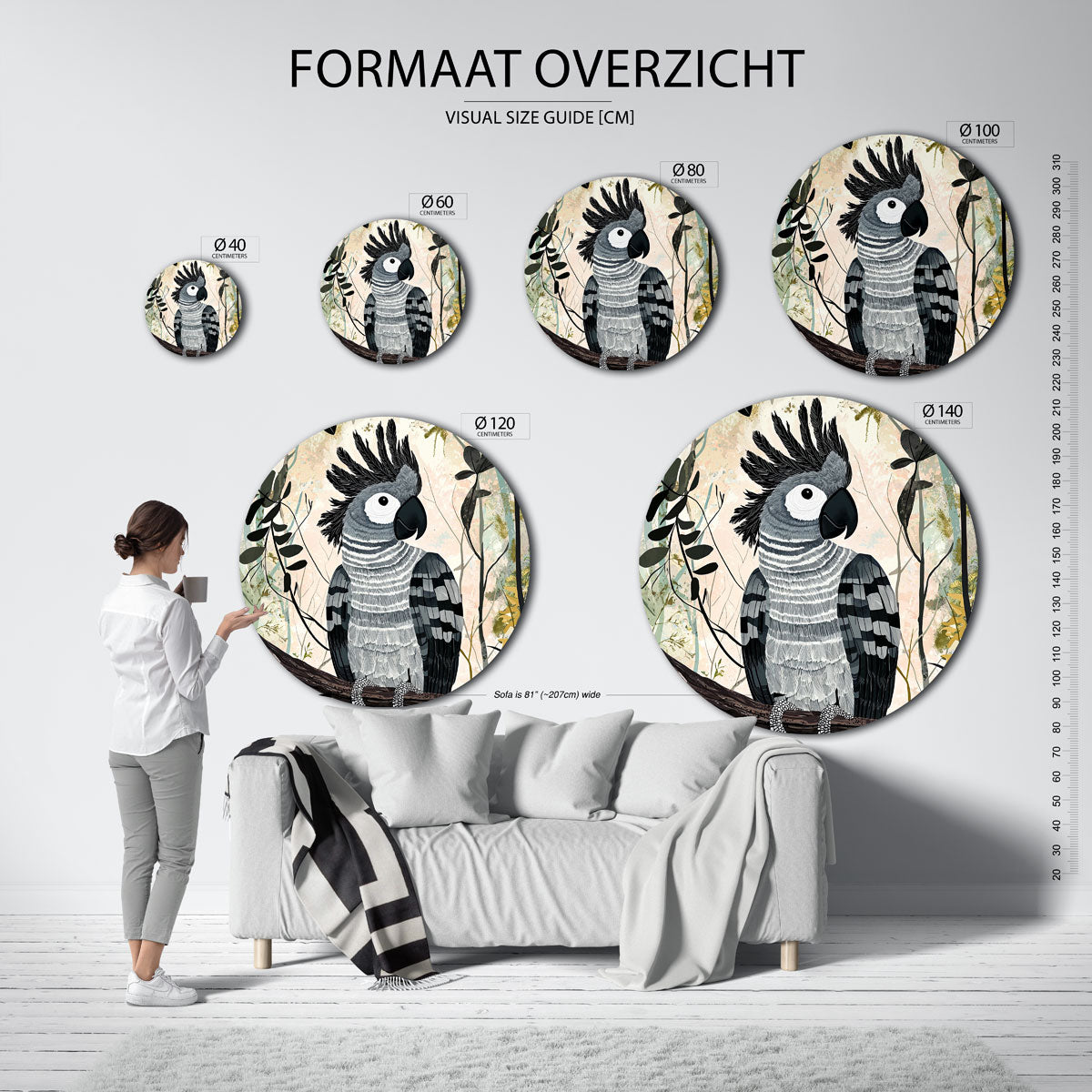Papegaai op tak – ronde muurcirkel met kleurrijke illustratie