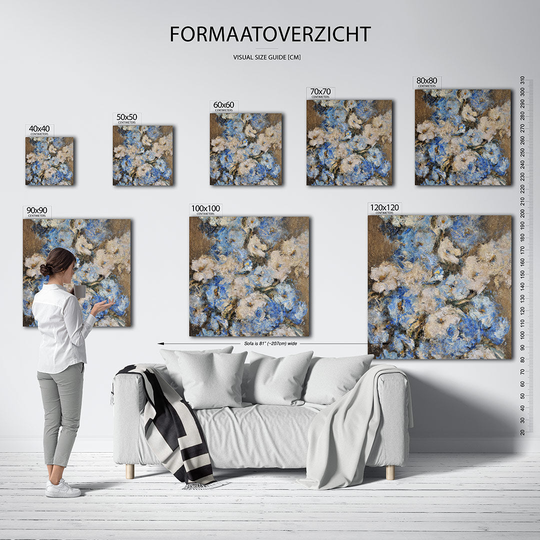 Bloemrijke compositie kunstwerk – materiaalweergave – dit kunstwerk toont een dynamische mix van blauwe en beige tinten, met