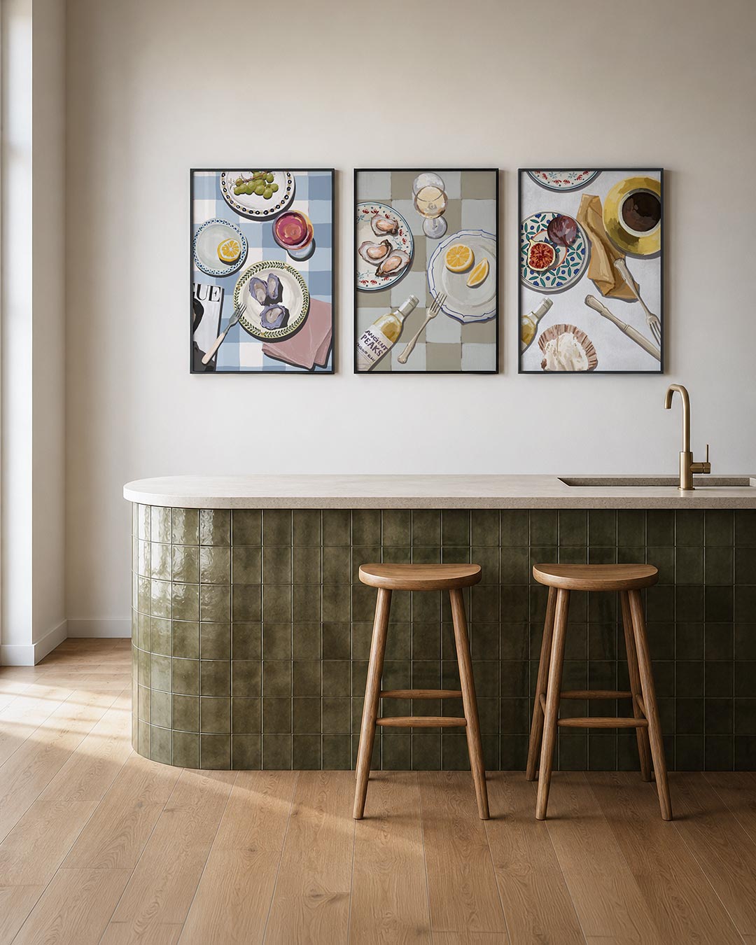 Tafelkleed en gerechten posterset – tweede productweergave – een speelse compositie van borden met druiven, oesters en