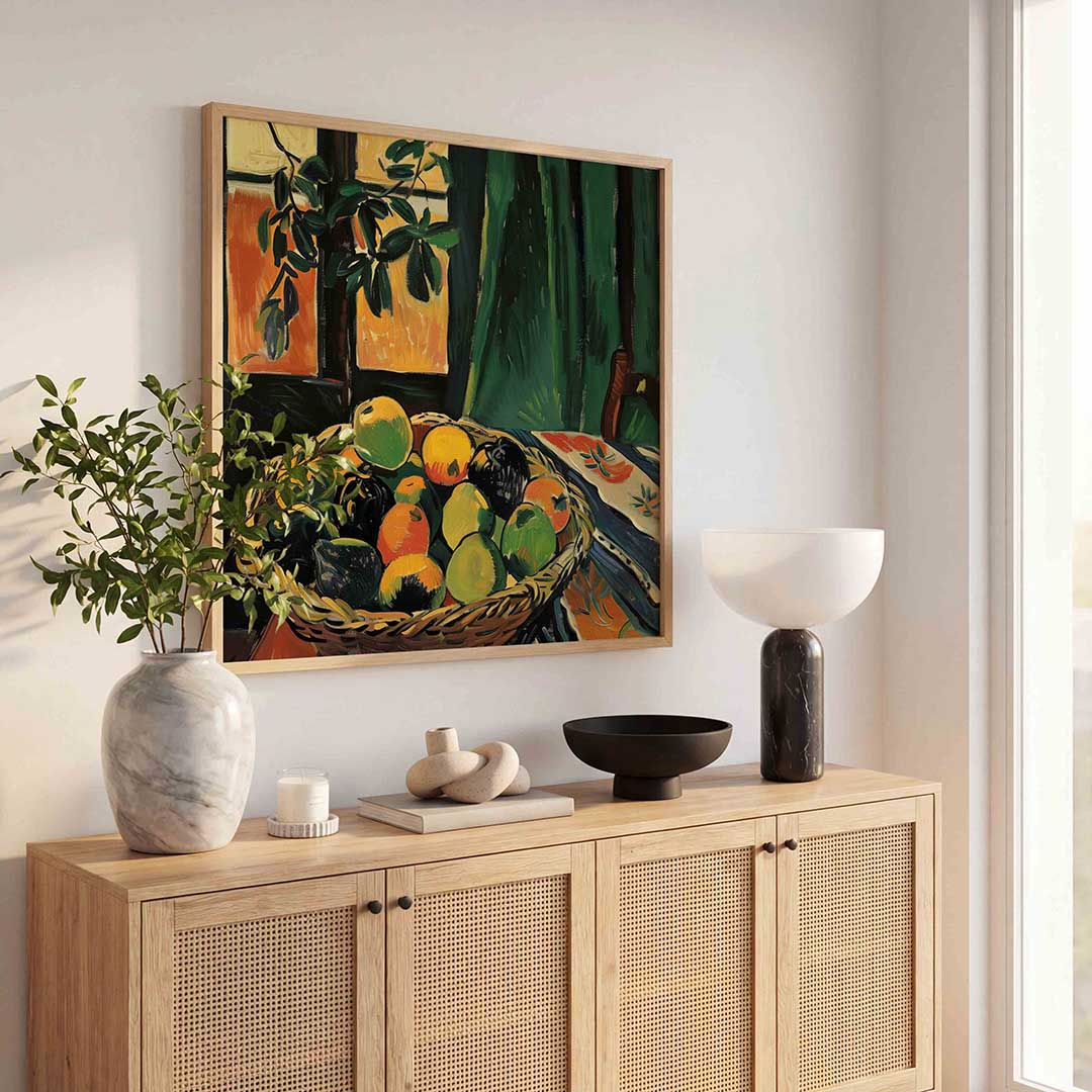 Mand met fruit – kunst en design poster in vierkant formaat