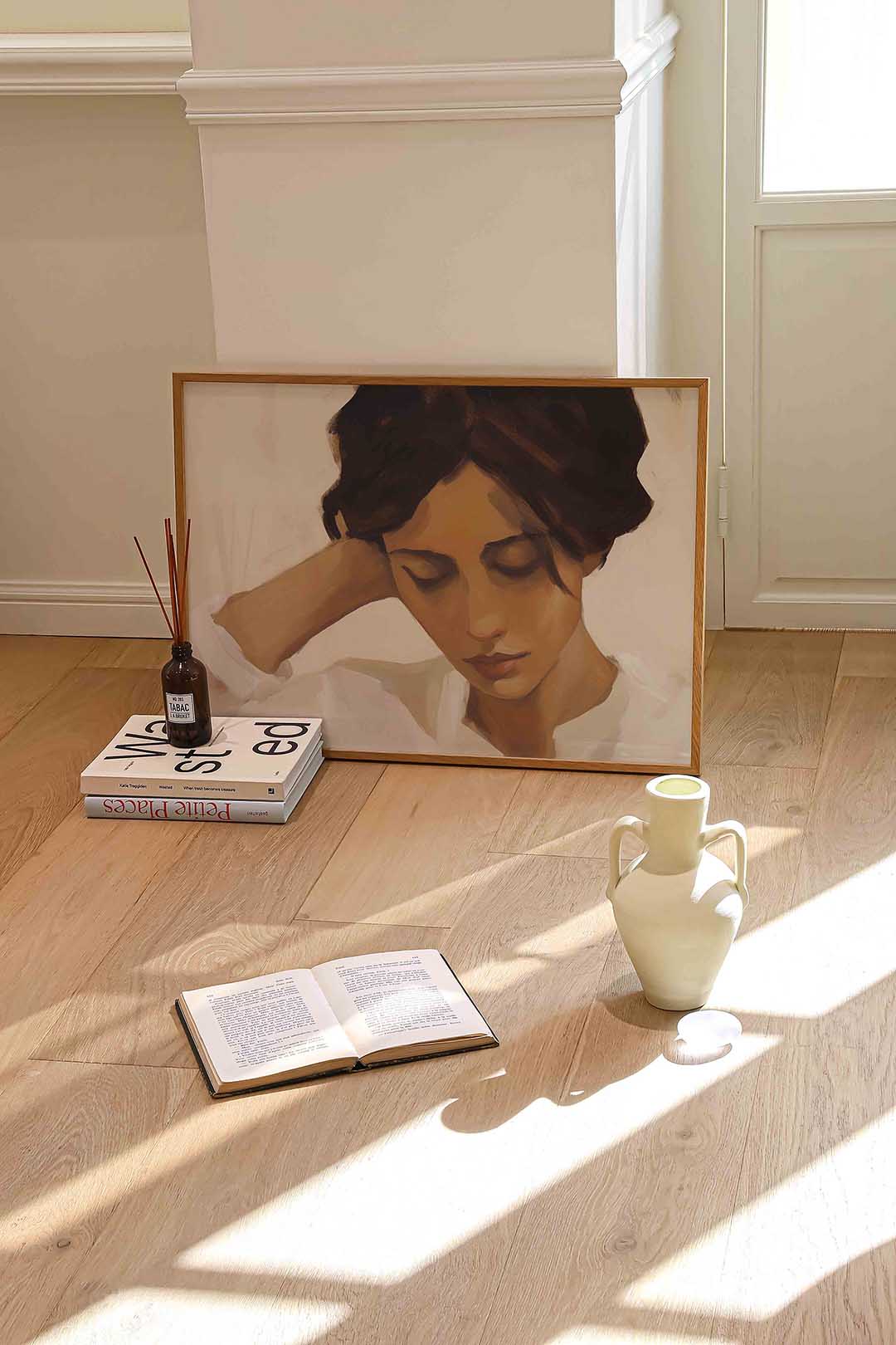 Vrouw met gesloten ogen – liggende portret wanddecoratie van WallArtistic