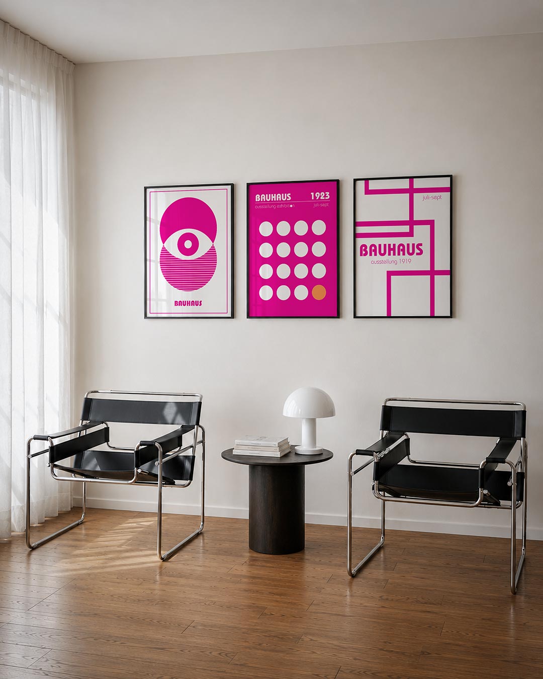 Cirkel en strepen posterset – tweede productweergave – felroze cirkels en lijnen vormen een speels geheel. De bovenste helft