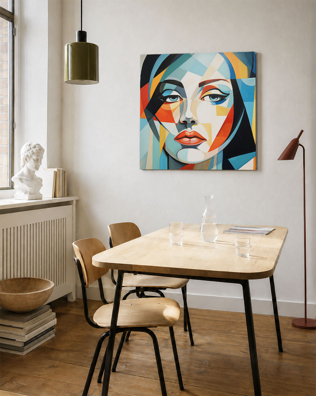 Geometrisch portret kunstwerk – vierkante wanddecoratie – dit werk toont een gezicht opgebouwd uit geometrische vormen en