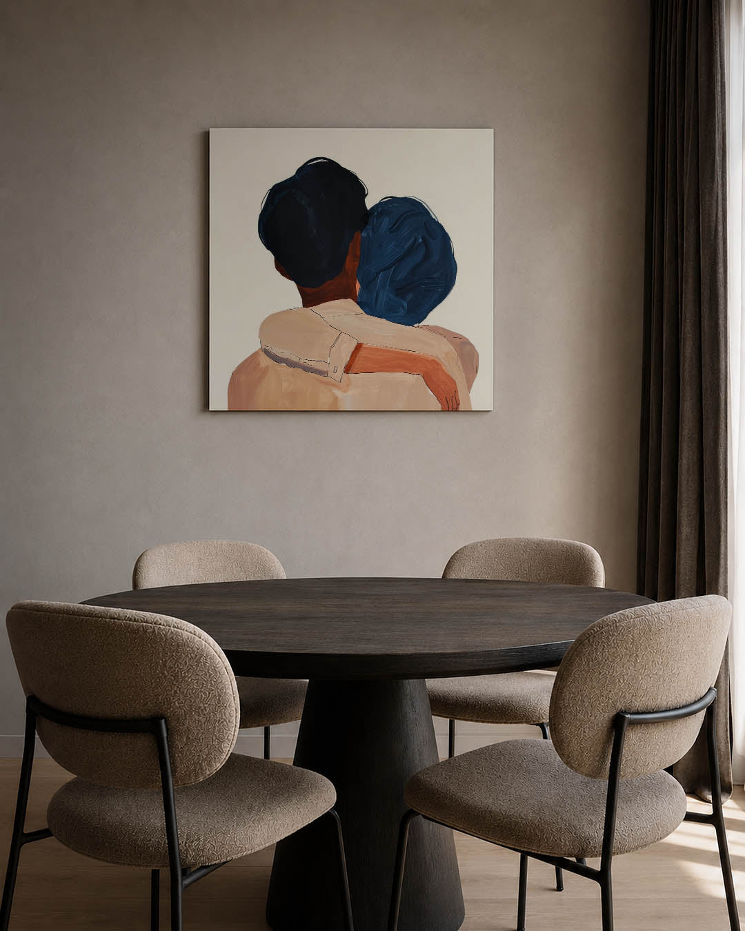Intieme omhelzing kunstwerk – tweede productweergave – dit werk toont een intieme omhelzing van twee figuren, met vloeiende