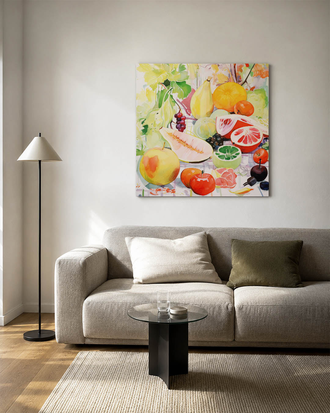 Kleurrijke vruchten kunstwerk – vierkante wanddecoratie – dit werk toont een verzameling van diverse vruchten in levendige