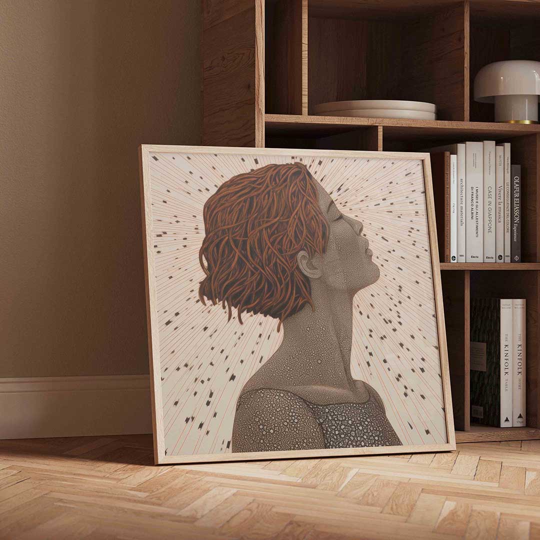 Profiel van vrouw met kort haar – geïllustreerde wandkunst als vierkante poster