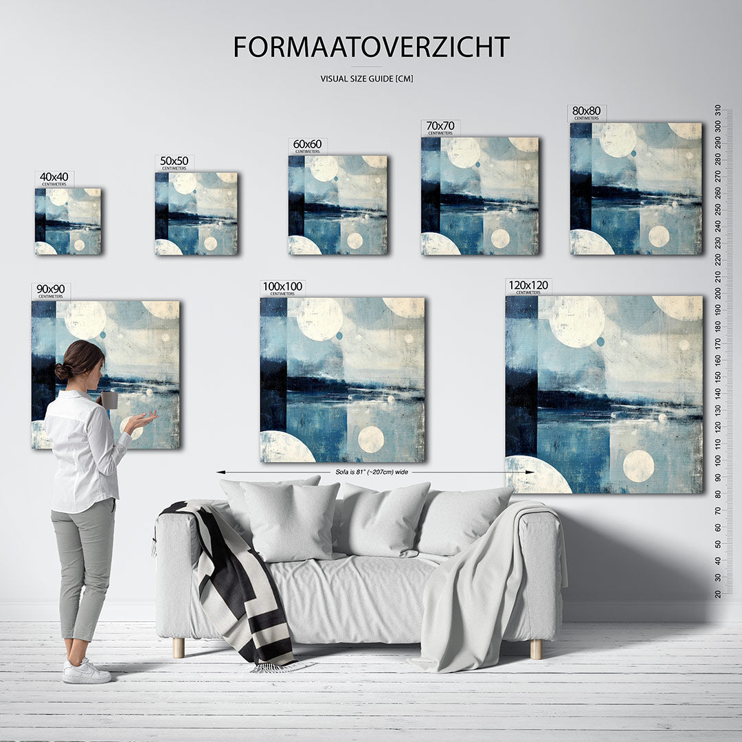 Geometrische vormen in blauw kunstwerk – materiaalweergave – dit werk toont een compositie van blauwe tinten met witte